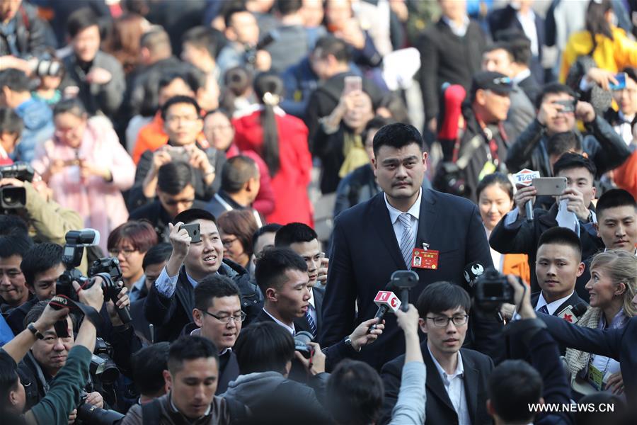 Yao Ming, a member of the 12th National Committee of the Chinese People's Political Consultative Conference (CPPCC), receives an interview before the opening of the fifth session of the 12th National Committee of the CPPCC in Beijing, capital of China, March 3, 2017. Photo: Xinhua