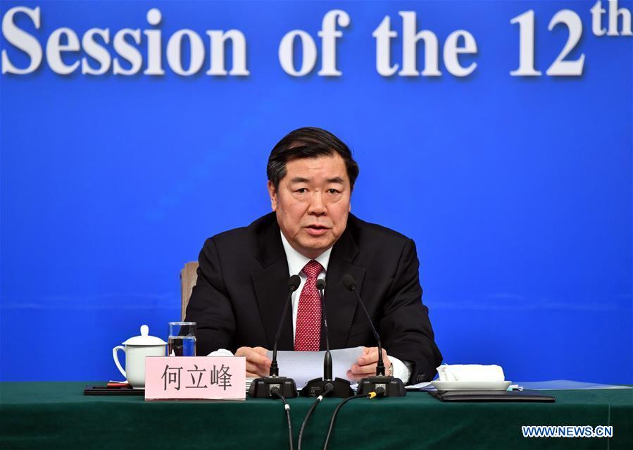 Director of the National Development and Reform Commission (NDRC) He Lifeng anwsers questions during a press conference on China's economic and social development and macro-economic control for the fifth session of the 12th National People's Congress in Beijing, capital of China, March 6, 2017. (Xinhua/Li Xin)