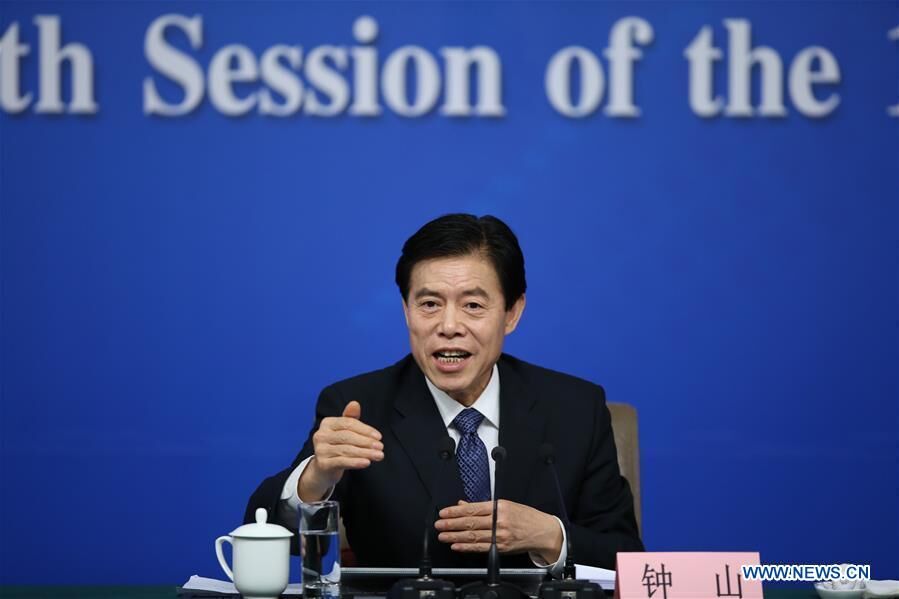 Chinese Minister of Commerce Zhong Shan answers questions at a press conference on structural adjustments and innovation for the fifth session of the 12th National People's Congress in Beijing, capital of China, March 11, 2017. Photo: Xinhua